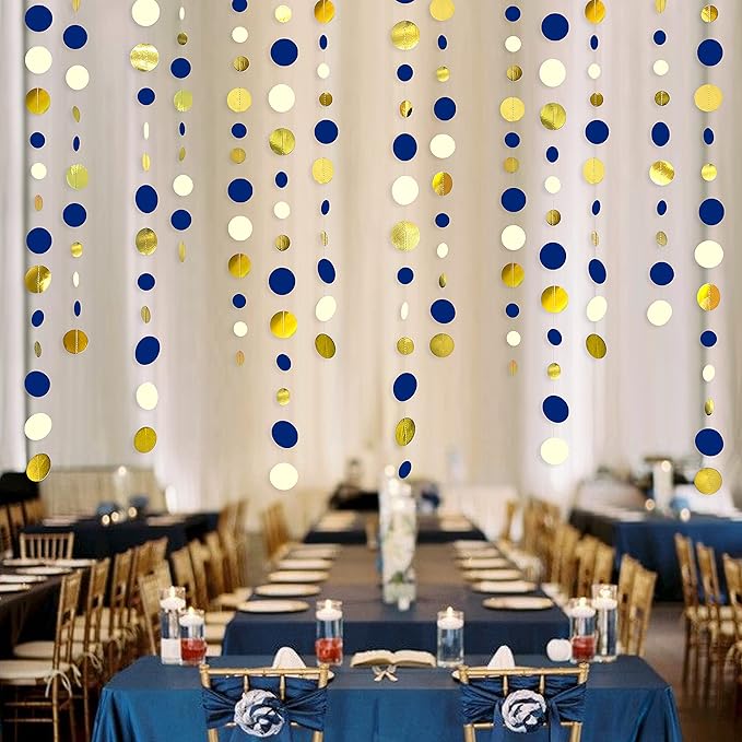 46 Ft Navy Blue and Gold Circle Dots Garland Royal Blue Hanging Paper Polka Dot - Image 3