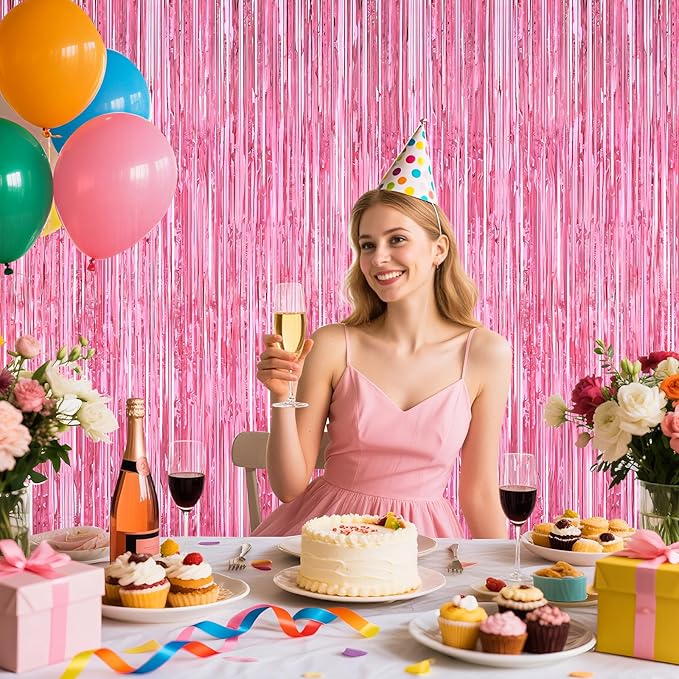 Pink Party Decorations, Metallic Tinsel Backdrop Fringe Curtains Backdrop - Image 3