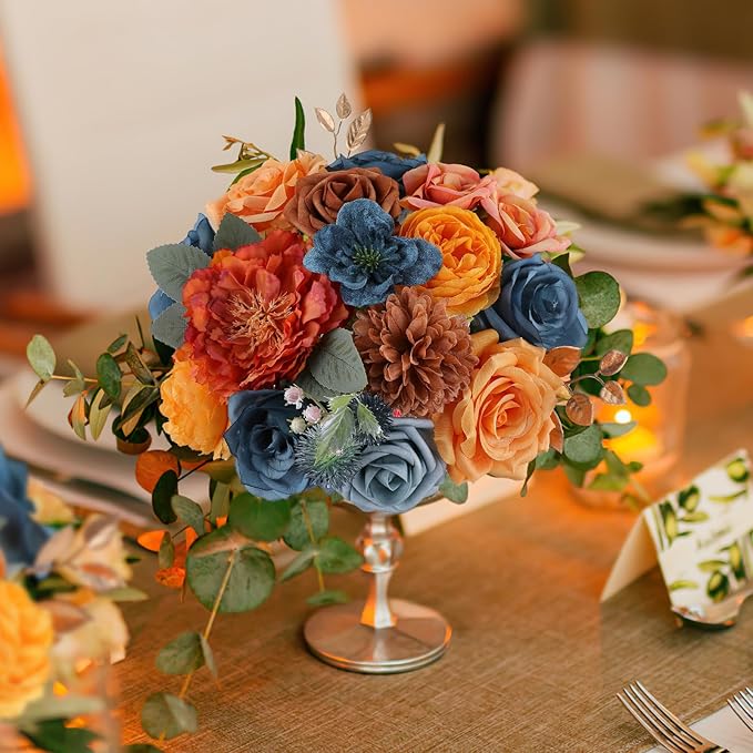 AmyHomie Teal Orange Artificial Flowers Combo Silk Mix Peony Rose Fake Flowers - Image 6