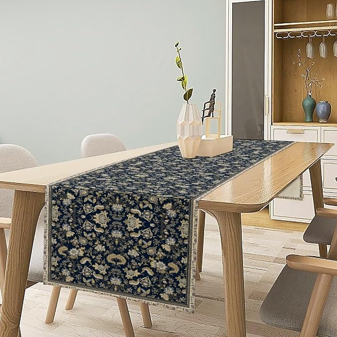 Vintage Boho Floral Table Runner, Morris Rustic Country Farmhouse Dark Blue - Image 2