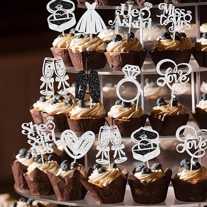 Gyufise 30Pcs She Said Yes Cupcake Toppers Glitter Diamond Ring I Do Love - Image 5