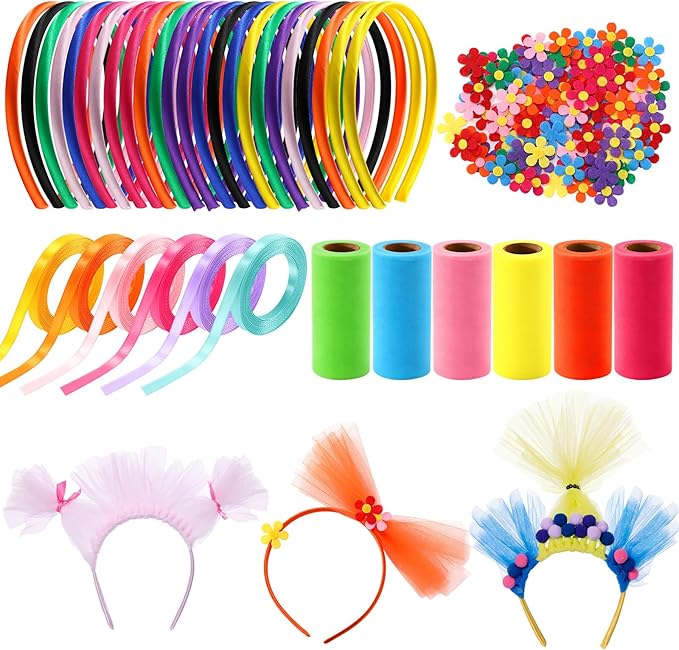 Canlierr 24 Pcs Rainbow Headbands 6 Tulle Mesh Fabric Rolls 100 Felt Flowers by Canlierr