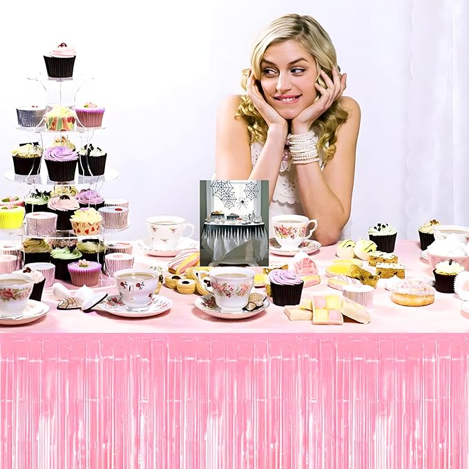 3 Pack 29x108 Inch Macaron Pink Foil Fringe Table Skirts Metallic Banner - Image 7