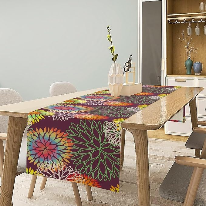 Brown Dahlia Flower Table Runner, Linen Geometric Pattern Floral Table Decor - Image 4