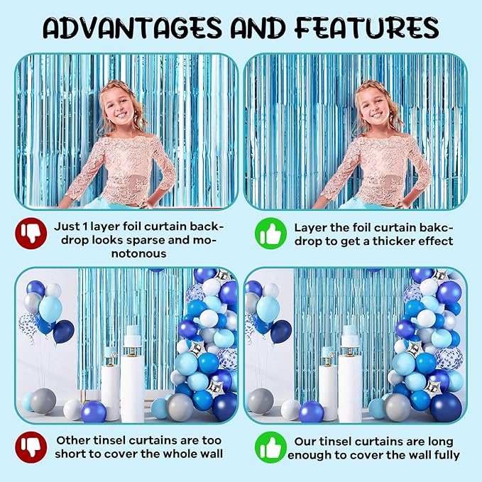 2 Pack 3.3x8.2 Feet Light Blue Foil Fringe Backdrop Curtains, Tinsel Streamers - Image 5