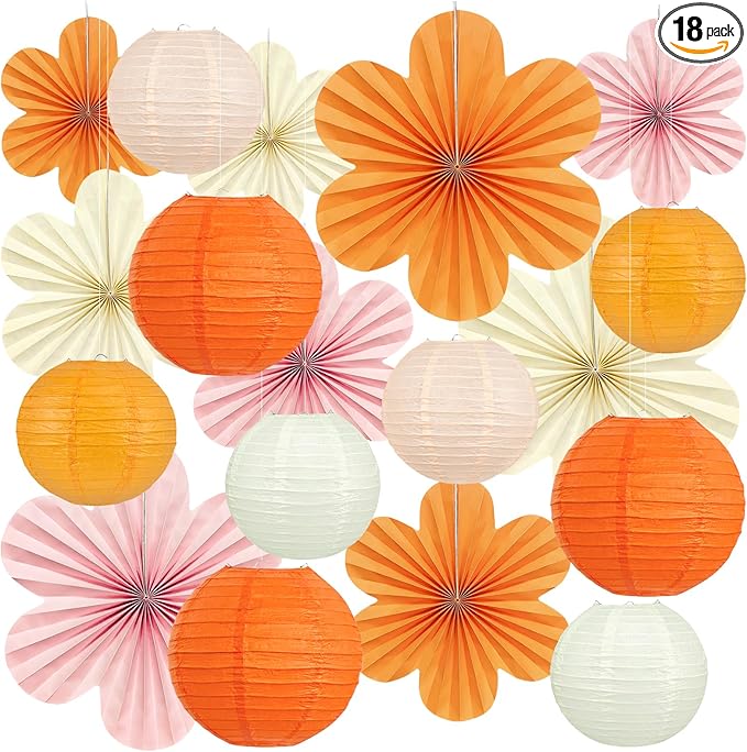 18Pcs Fall Pink and Orange Party Decorations, Hanging Paper Lanterns Flowers by Peywot