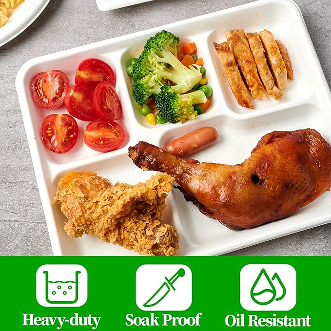 ECOLipak 100% Compostable 5 Compartment Plates, 125 Pack Disposable Paper Plates - Image 6