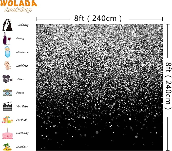 WOLADA Black and Silver Backdrop Silver Glitter Backdrop - Image 3