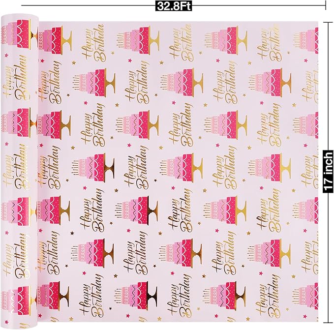 Aimyoo Pink Birthday Wrapping Paper Roll - Image 3
