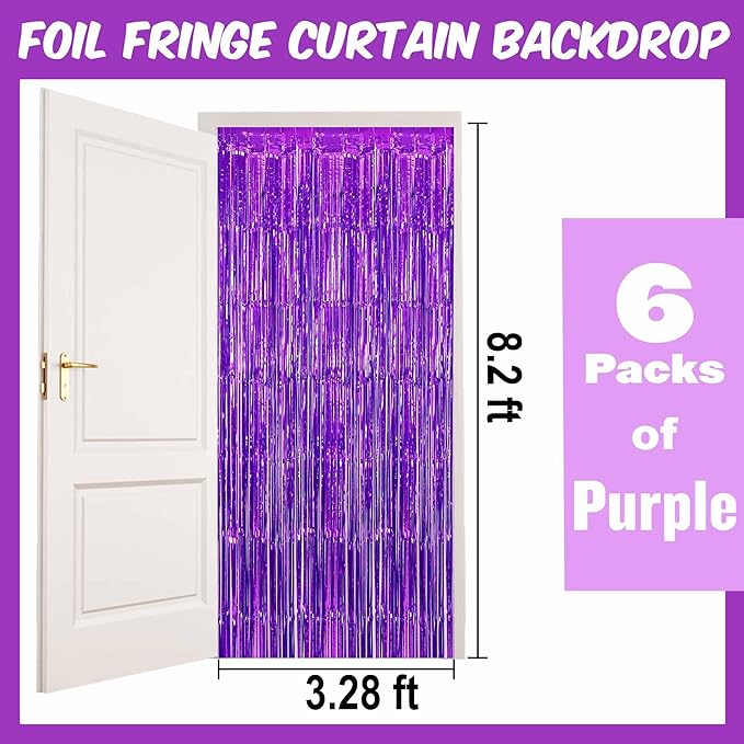 6 Pack Purple Foil Fringe Curtains Backdrop, 3.28 x 8.2 Ft Metallic Streamers - Image 2