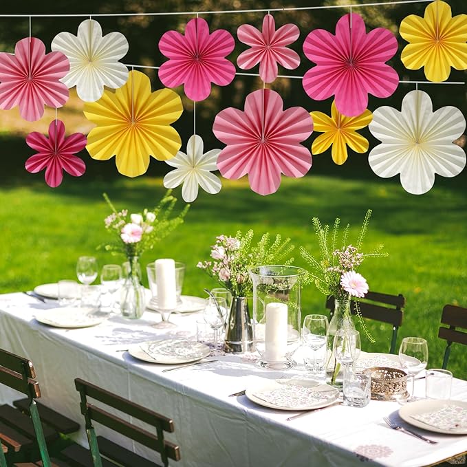 BestoFun 12 PCS Paper Flowers Fans Pink and Yellow Party Decorations Paper - Image 5