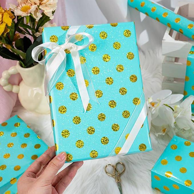 Burymento Blue Holographic Dots Wrapping Paper, Reversible Gold Gift Wrap - Image 6
