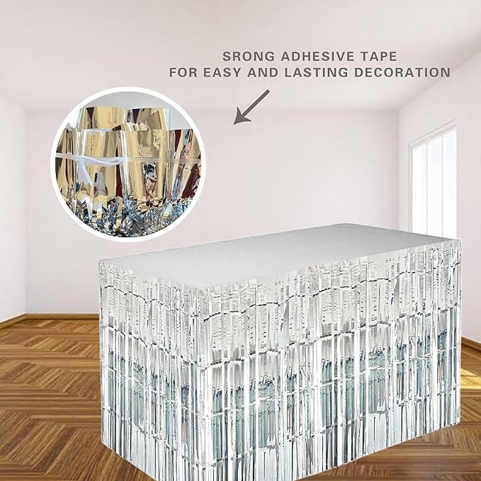 Silver Streamers Party Decorations, 2 Packs Silver Table Skirts Metallic Foil - Image 3