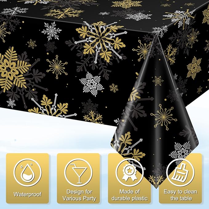 6Pcs Christmas Snowflake Party Tablecloths Decorations, Plastic Black and Gold - Image 3