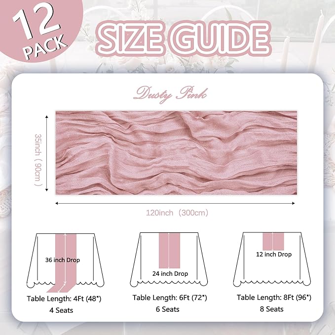 12 Pack Dusty Pink Cheesecloth Table Runner 10ft Boho Gauze Fabric Cheese Cloth - Image 2