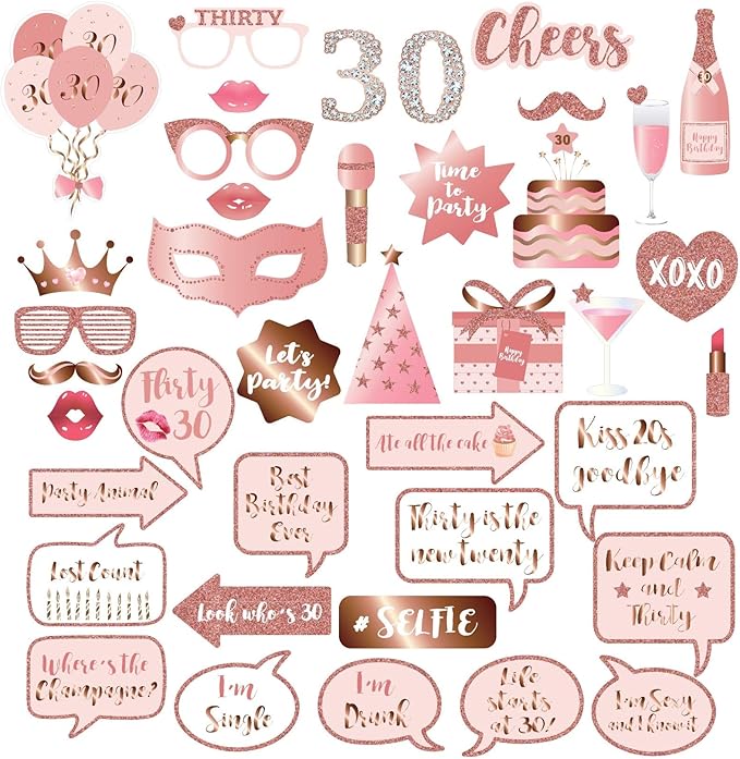 30th Birthday Party Photo Booth Props and Signs, Rose Gold 30 Birthday Party by BRT+Bearingshui