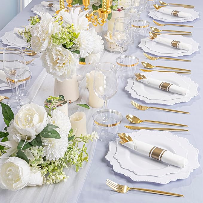 COLOSUS 350pcs White Plastic Plates Disposable Gold Cutlery Dinnerware set - Image 4