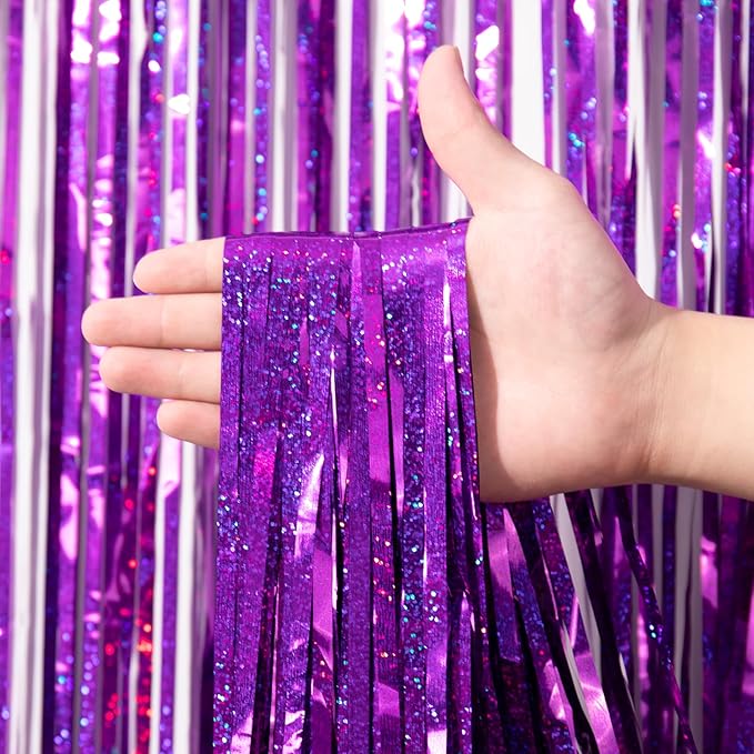 2 Pack Purple Tinsel Foil Fringe Curtains, Metallic Tinsel Party Streamers - Image 2