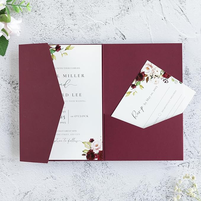 20 PCS Burgundy Tri-fold Laser Cut Wedding Invitation Pockets - Image 6