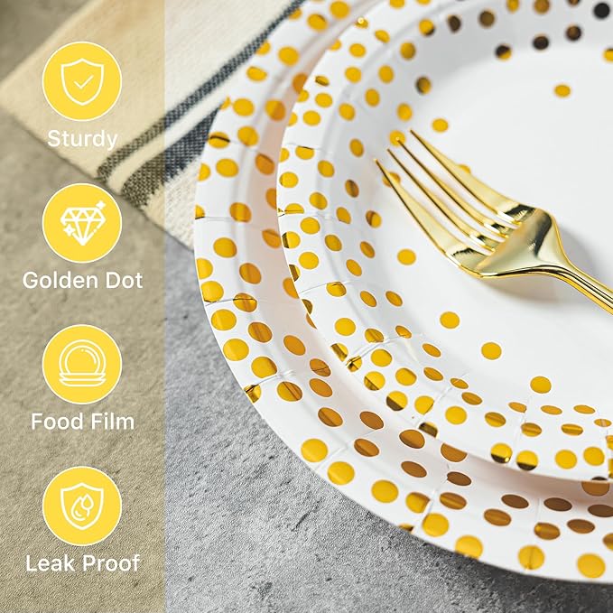 Lullaby 120PCS White Paper Plates, Disposable Gold Paper Plates, Party Plates - Image 3