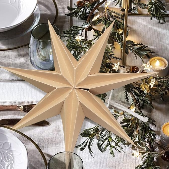 3PCS 12inch 7-Pointed Natural Paper Star Landerns Hanging Decoration Set - Image 3