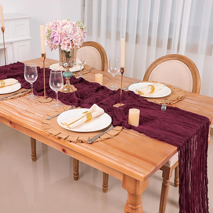 Snowkingdom 10 Ft Burgundy Red Fall Thanksgiving Cheesecloth Table Runner - Image 5