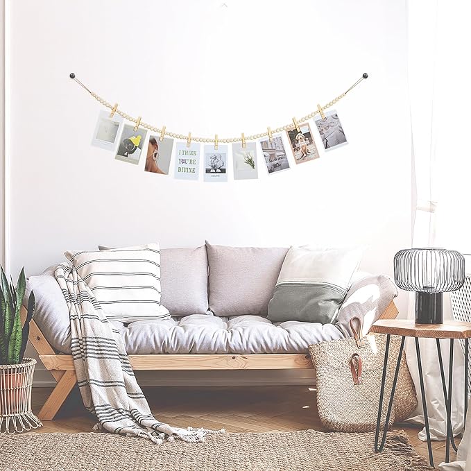 Hanging Photo Display Wall Decor, Boho Wooden Bead Garland Collage Picture Frame - Image 6