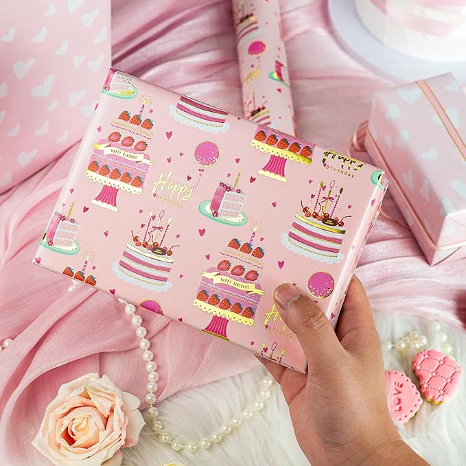 Yarcony Girls Birthday Wrapping Paper Roll, Metallic Foil Pink Cartoon-Style - Image 5