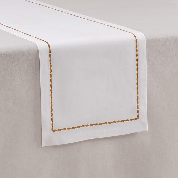 Cotton Linen Table Runner 90 Inches Long – Motif Embroidery White Dining Table by HomeEkaa