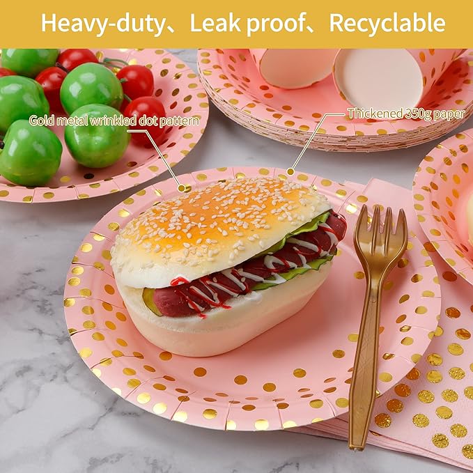 Sveikie160 Pcs Pink And Gold Paper Plates, Birthday Cake Party Plates And - Image 4