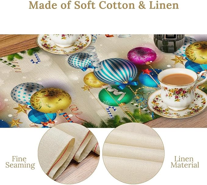 Christmas Table Runner, Colorful Balls Xmas Tree Snowflake Pattern Print - Image 3