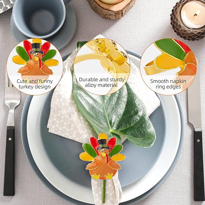 Halatool 8 PCS Thanksgiving Day Turkey Napkin Ring Funny Metal Festival Napkin - Image 3
