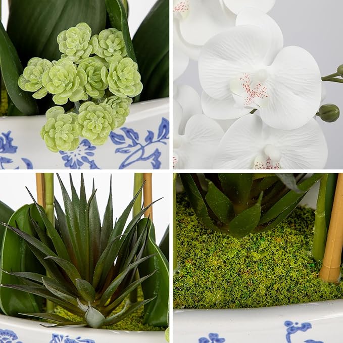 Briful White Orchid Fake Flowers 17in Artificial Orchid Silk Flowers in Blue - Image 4