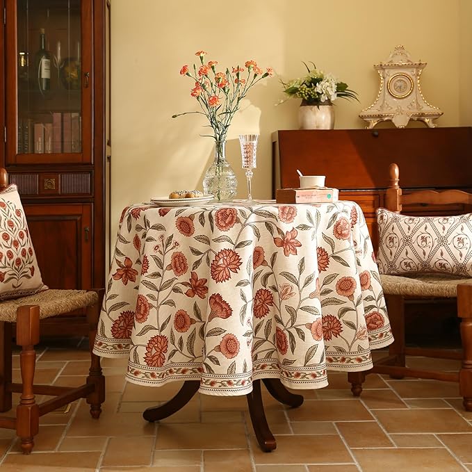 ISAENNE Designer French Small Round Tablecloth, Linen Orange Floral Pattern - Image 2