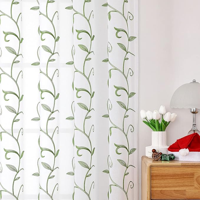 VISIONTEX Embroidered Green Sheer Voile Curtains, Leaves Embroidery Faux Linen - Image 8