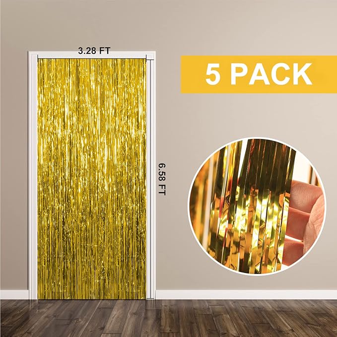 5 Pack Foil Curtain Backdrop Gold Metallic Tinsel Foil Fringe Curtains Photo - Image 7