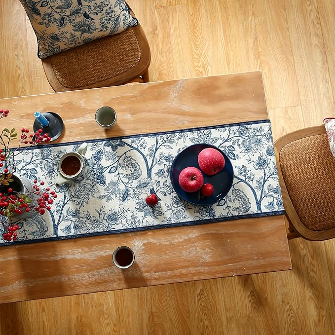 ISAENNE Designer Chinoiserie Elegant Linen Extra Long Table Runner 118 Inches - Image 7