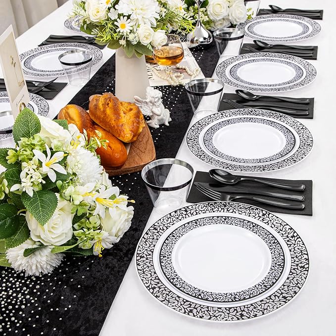 WELLIFE 350Pcs Black Plastic Dinnerware and Napkins Party Supplies Include:50 - Image 7