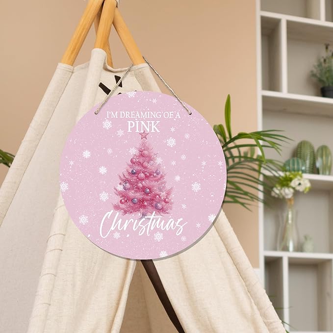 CGBHW Pink Christmas Tree Wooden Sign, Winter Holiday Theme Hanging Sign Wall - Image 5