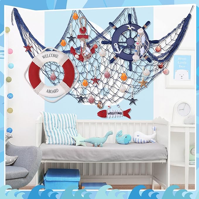 Marsui 11 Pcs Wooden Nautical Wall Decor Fishing Net Decoration, Include - Image 6