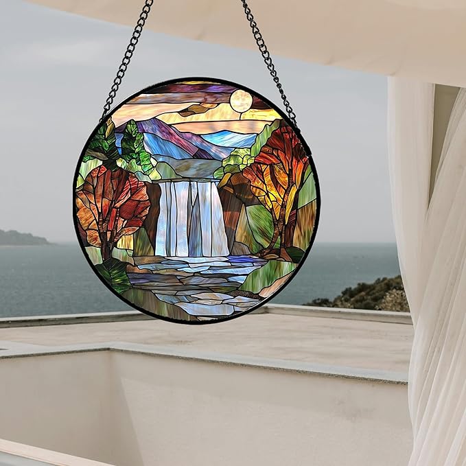 Stained Glass Window Hanging, Abstract Landscape Waterfall Mountains Trees - Image 5