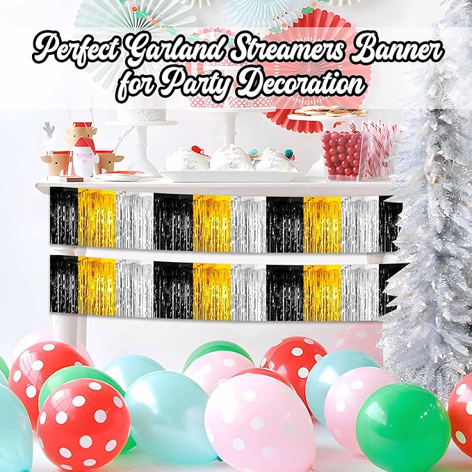 6 Pack 10 Ft Black Gold Silver Foil Fringe Garland Metallic Streamers Tinsel - Image 7