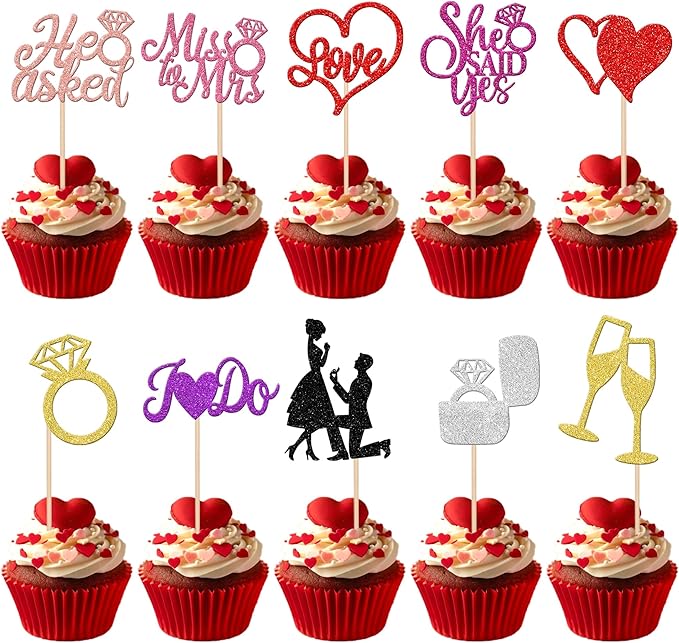 30 PCS Bride to Be Cupcake Toppers Glitter Miss to Mrs I Do Love Heart Ring - Image 8
