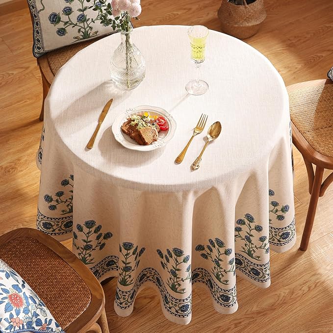 patdrea Designer Linen Blue Round Tablecloth, Vintage Leaves Pattern Floral - Image 3