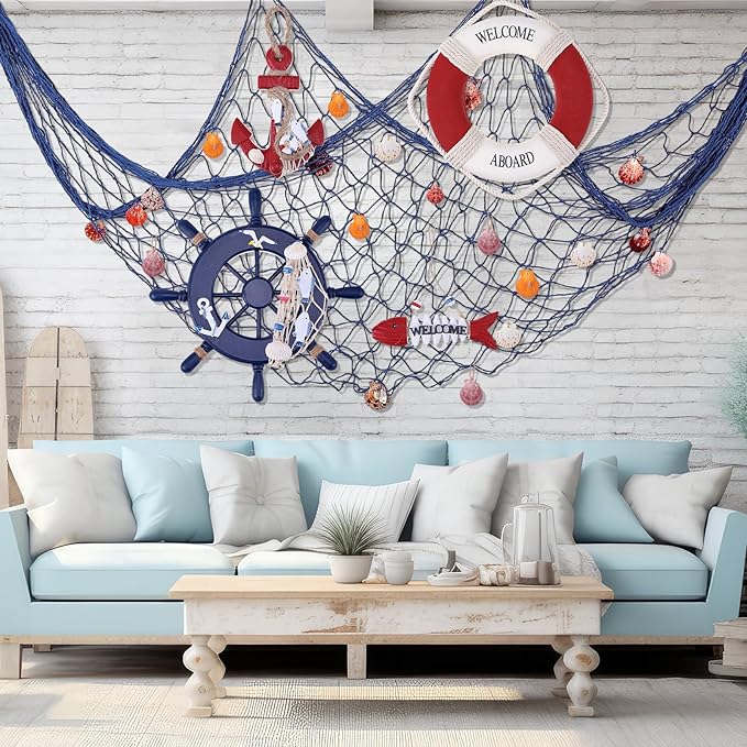 Marsui 11 Pcs Wooden Nautical Wall Decor Fishing Net Decoration, Include - Image 7