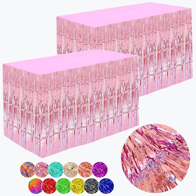 Pink Streamers Party Decorations, 2 Packs Pink Table Skirts Metallic Foil by WIEPENGLNA