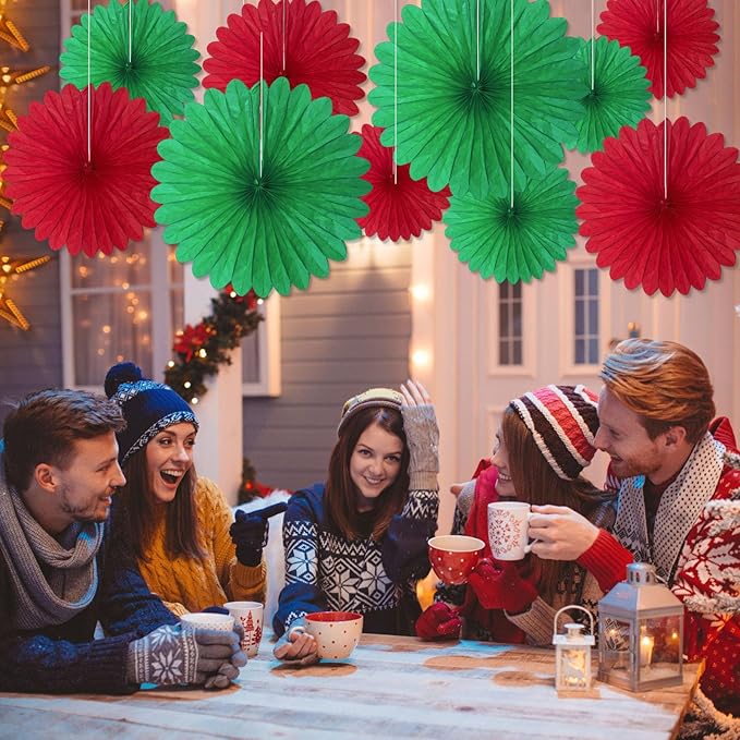 20 Pcs Red Green Hanging Paper Fan, Round Paper Fans Decorations Set - Image 4