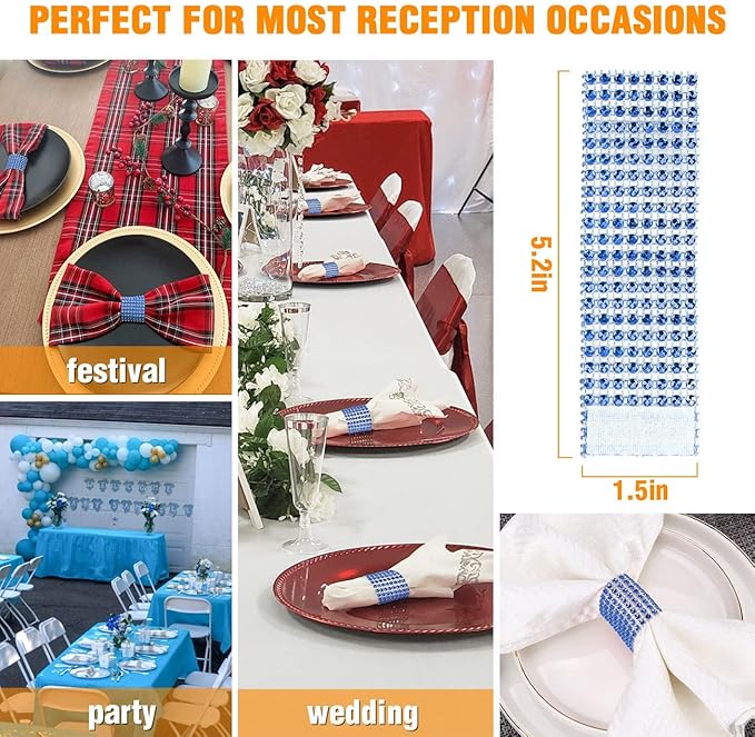 Blue Napkin Rings Bulk Set of 150pcs, Wedding Diamond Crystal Rhinestone Napkin - Image 3