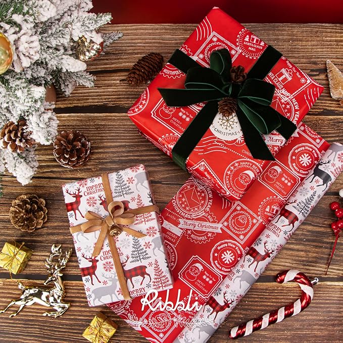 Ribbli Christmas Wrapping Paper Reversible Vintage Reindeer and Christmas Stamp - Image 3