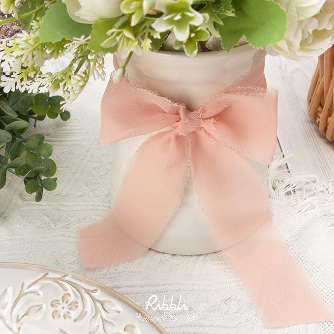 Ribbli Chiffon Ribbon 1.5 inch x 30 Yard Handmade Silk Ribbon, Ivory/Blush - Image 4
